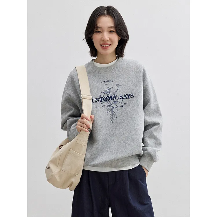 素典【日常灵感】美式复古宽松卫衣秋季新款刺绣圆领长袖上衣3214