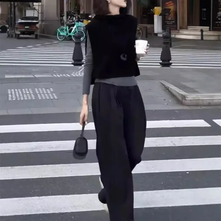慵懒风黑色无袖马甲高腰休闲长裤女2025秋季新款微胖mm两件套显瘦