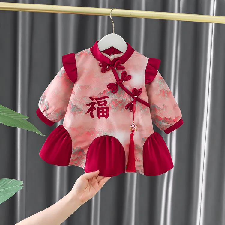 外贸批发2025新款喜庆红色拜年服女宝宝冬季加绒国风旗袍直播供货