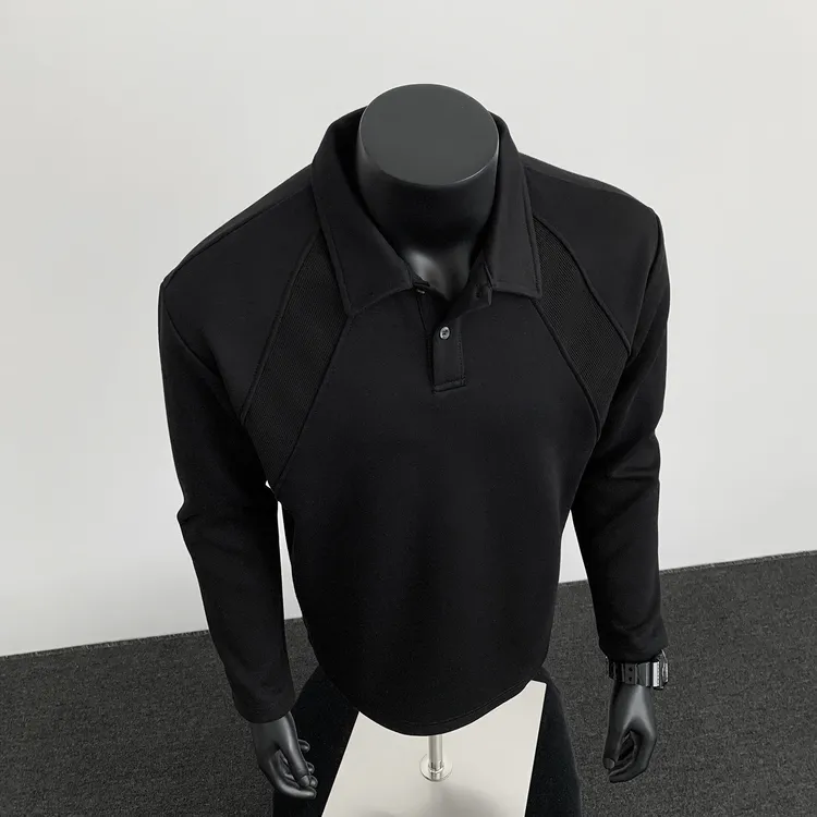 重磅来袭空气层重磅拼接POLO衫男士抗皱硬挺短款boxy版太空棉长袖