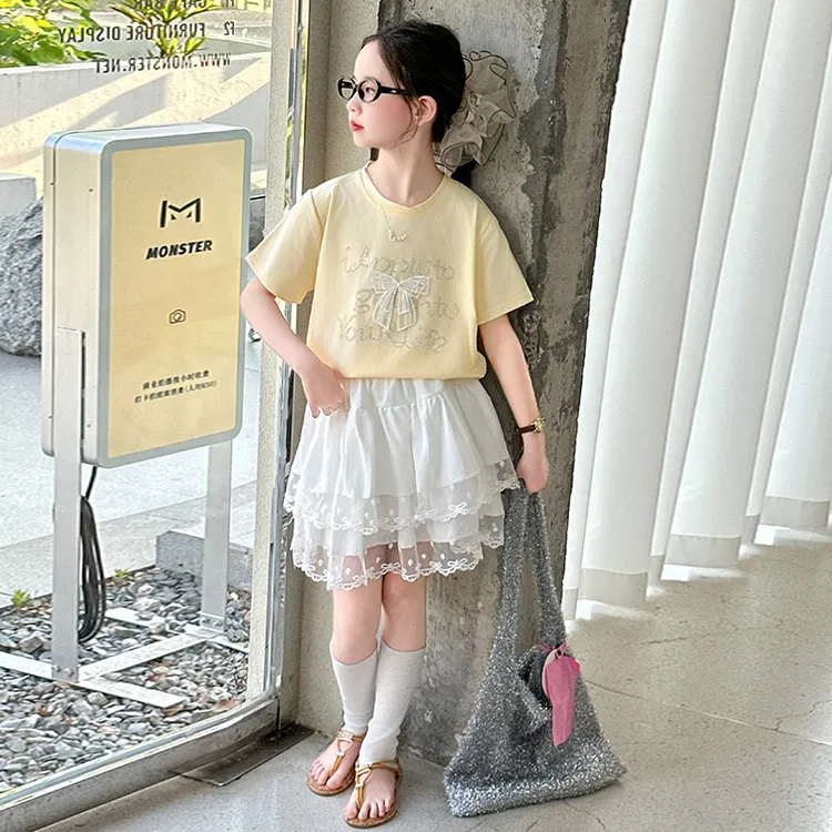 女童短袖套装夏季2025新款儿童洋气蛋糕裙两件套女孩夏装薄款衣服