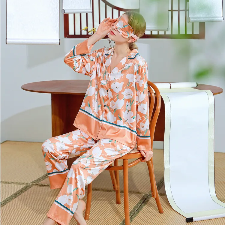 丝芮尔缎面绸女士睡衣春秋薄款长袖新款开衫可外穿家居服