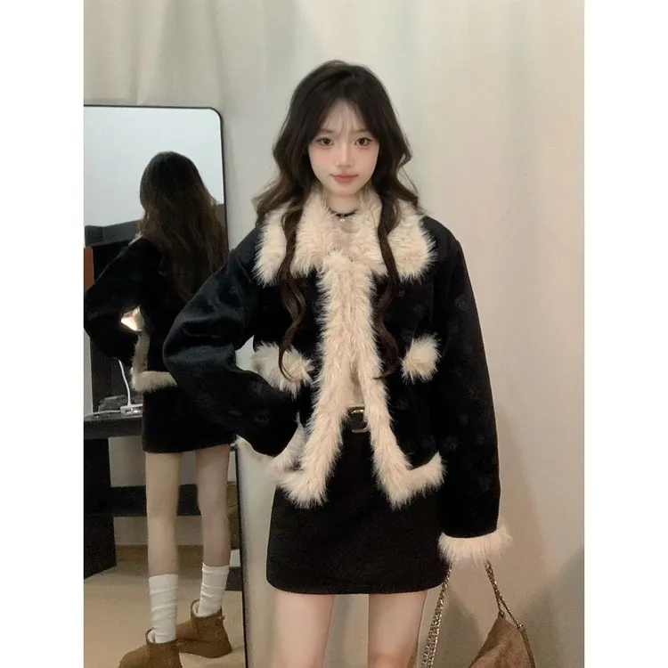 矜贵千金 冬季法式高级感小香风毛毛外套+半裙美式辣妹显瘦套装