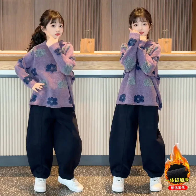 女童秋冬新款洋气绣花连帽针织上衣韩系宽松加绒弯刀裤两件套