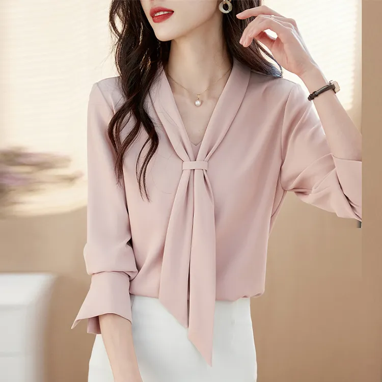 职业通勤温柔风粉色飘带衬衫女春季新款知性优雅高级气质长袖上衣
