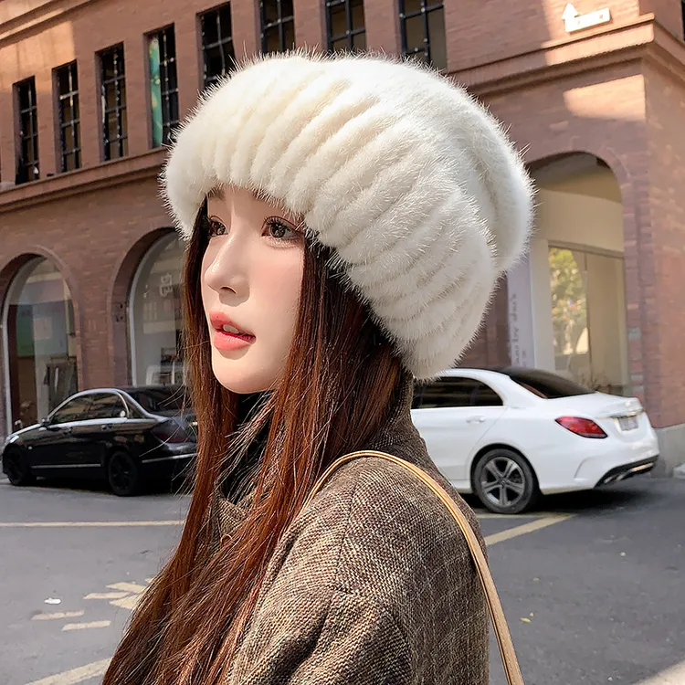 【水貂堆堆帽】水貂毛 兔毛混纺针织堆堆帽 百搭绒韩版显脸小