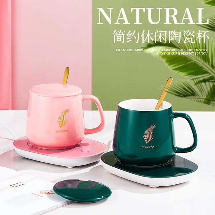 陶瓷恒温杯大肚带盖勺自动加热马克水杯家用咖啡杯
