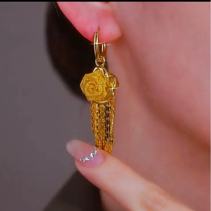 铜合金耳饰 鼎溢2025新款法式高档奢华玫瑰花流苏耳环垂坠lf