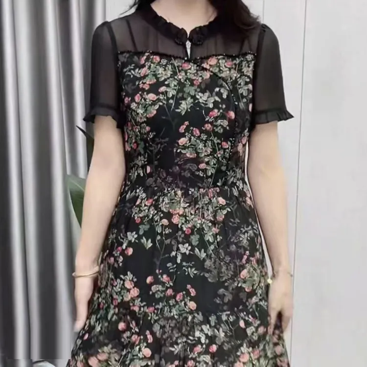 F352 大码显瘦气质小个子时尚夏季碎花妈妈装收腰中长款遮肚A字裙