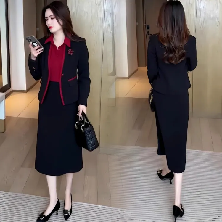 高级感时尚气质套装女士春秋穿搭一整套洋气外套拼接连衣裙两件套