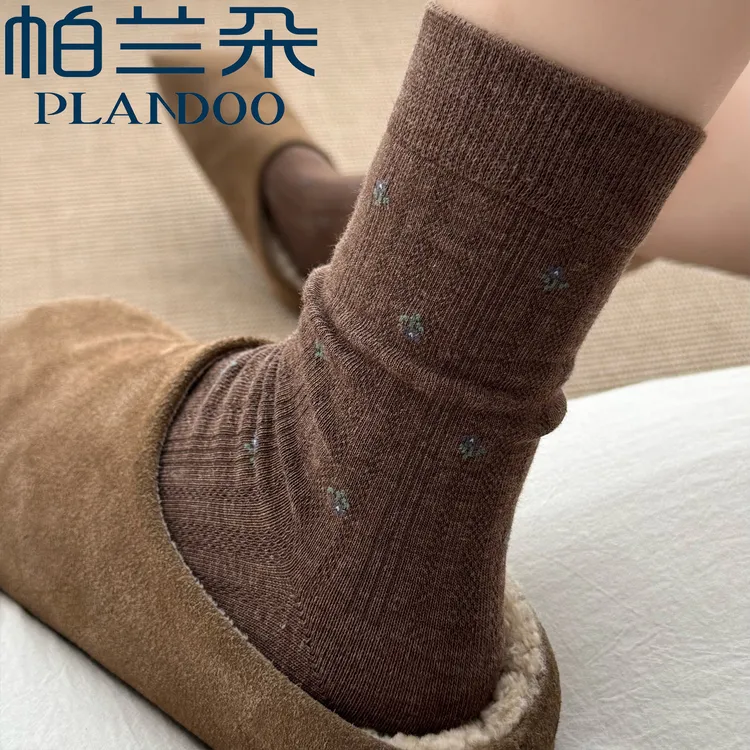 帕兰朵100%纯棉咖色袜子女款秋中筒袜复古碎花堆堆袜搭配勃肯鞋