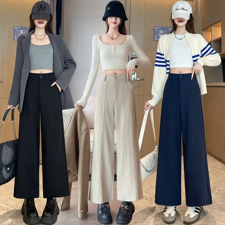 水洗棉西装阔腿裤女2025秋季窄版高腰小个子九分直筒休闲裤