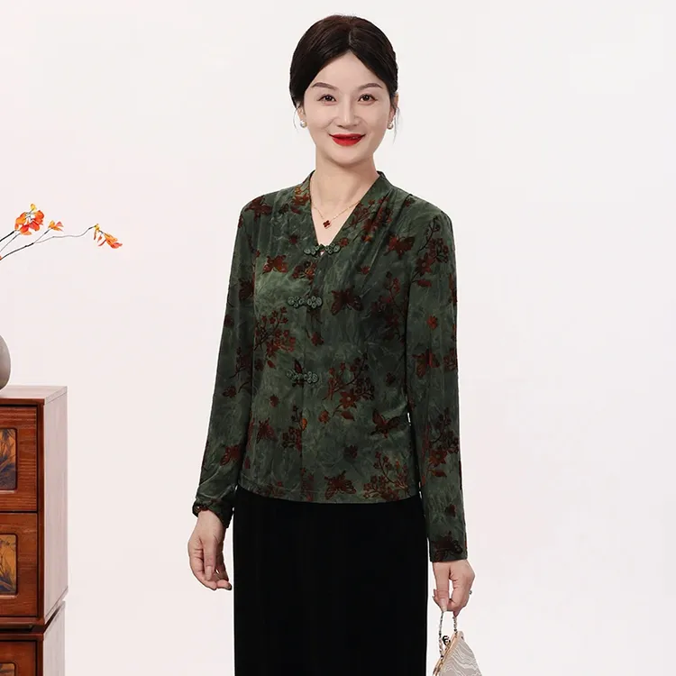 中老年妈妈装复古新中式国风气质V领小衫套装暗纹印花上衣两件套
