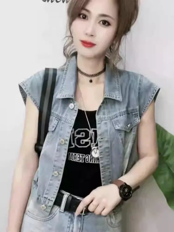 牛仔马甲女外穿新款时尚显瘦网红潮流短款飞袖外套小个子百搭上衣