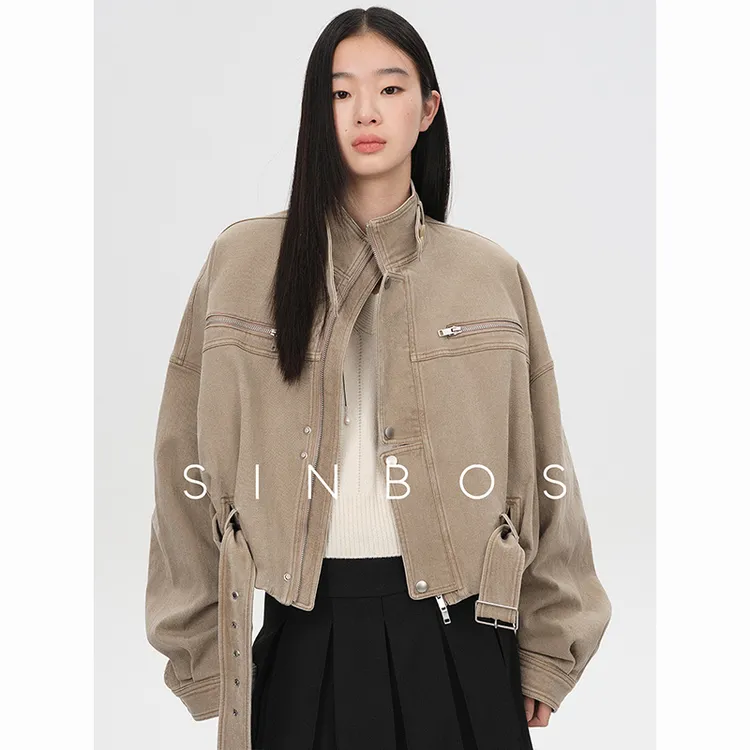 SINBOS美式特调 复古工装风小立领短款机车夹克外套女2025春新款
