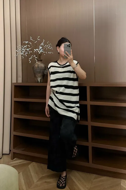 2025新款麻感欧版显瘦百搭款针织条纹背心女士百搭无袖韩版休闲
