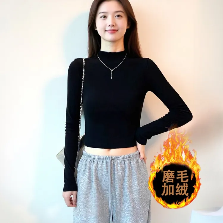 秋冬黑色打底衫半高领长袖t恤女薄绒短款保暖洋气内搭显瘦ins上衣