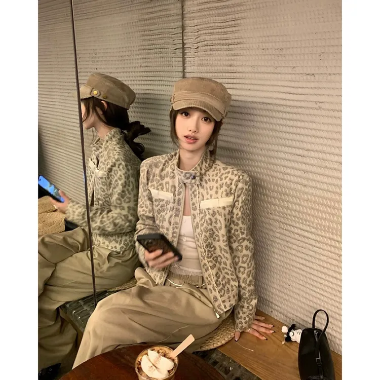 豹纹限定 酷飒风小众豹纹印花立领夹克外套女秋季复古百搭短上衣