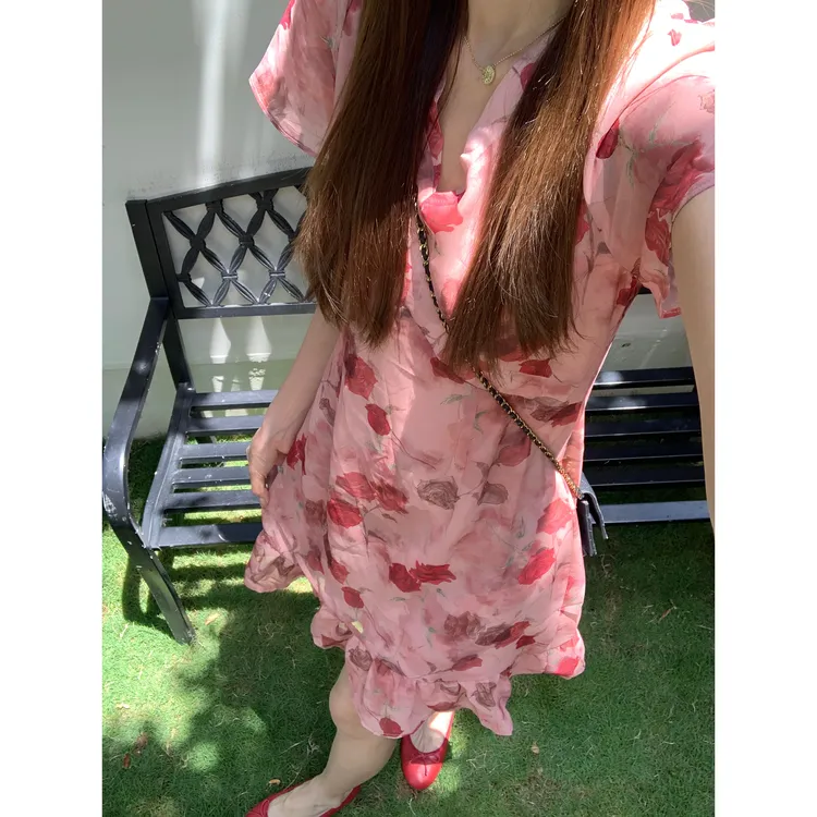 48H【蔷薇少女】加长夏季雪纺印花收腰显瘦气质连衣裙26296