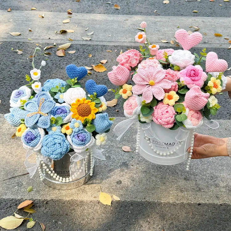 创意纪念日针织毛线混搭玫瑰郁金香仿真花抱抱桶女友生日礼物惊喜