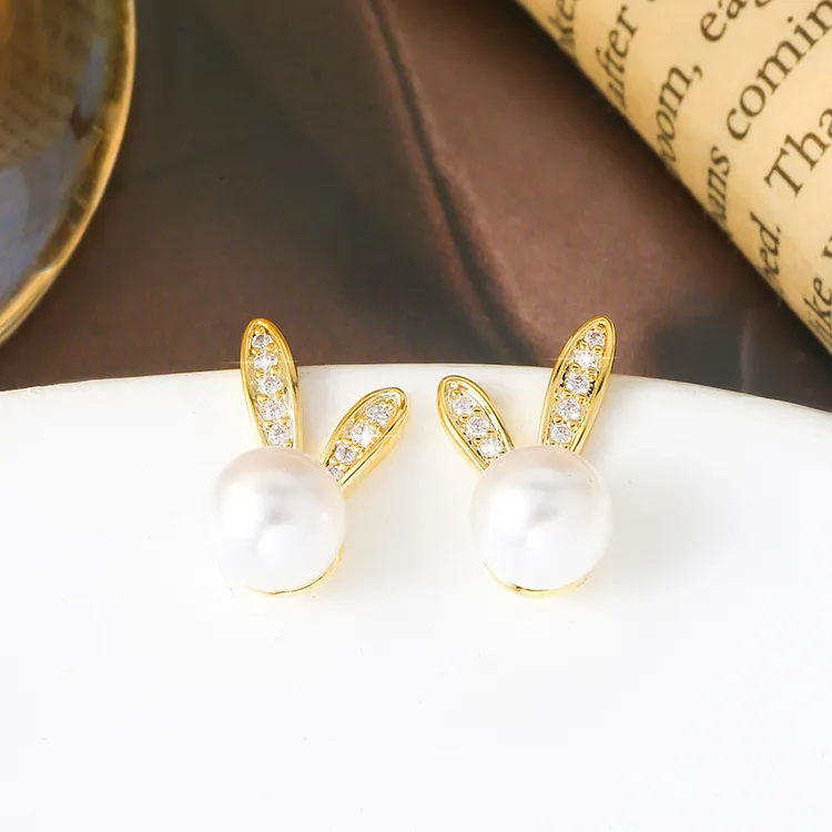 可爱兔耳朵天然耳钉925純銀针耳环简约百搭高级感