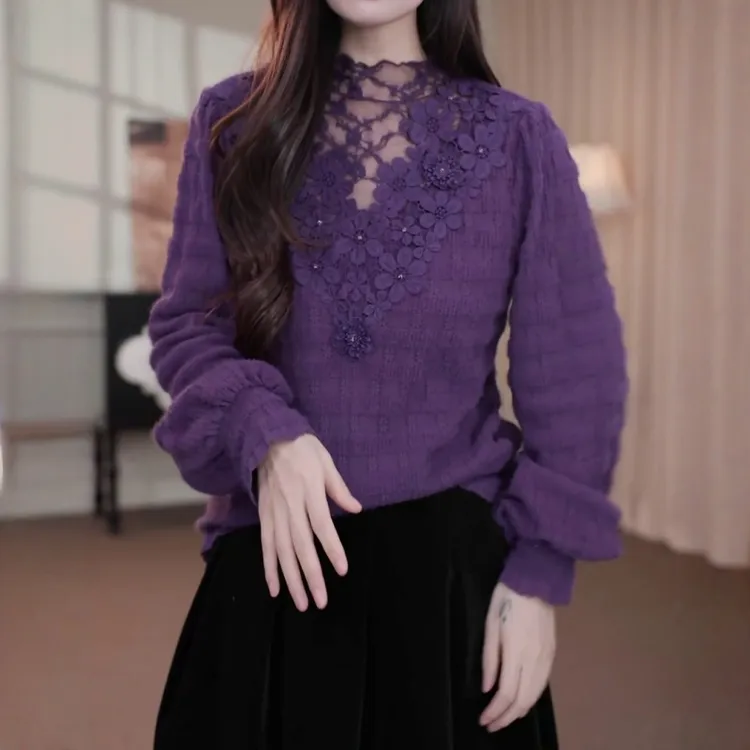 法式时尚磨毛蕾丝打底衫女秋冬季洋气新款时髦百搭设计感小衫上衣