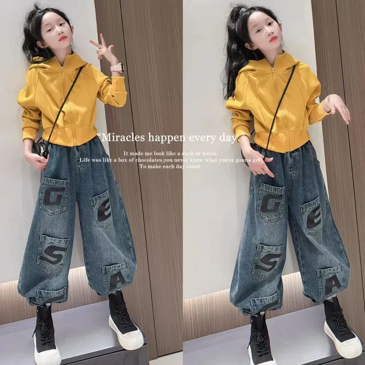 女童套装春秋款新款洋气中大童连帽卫衣儿童宽松牛仔裤两件套