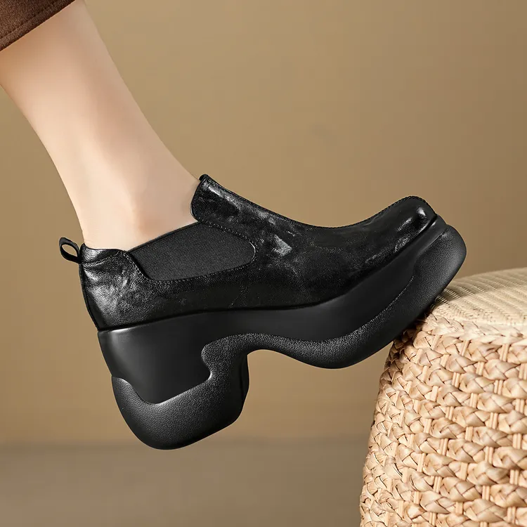 8cm百搭高跟厚底单鞋新款羊皮女鞋复古一脚蹬乐福鞋深口增高鞋子