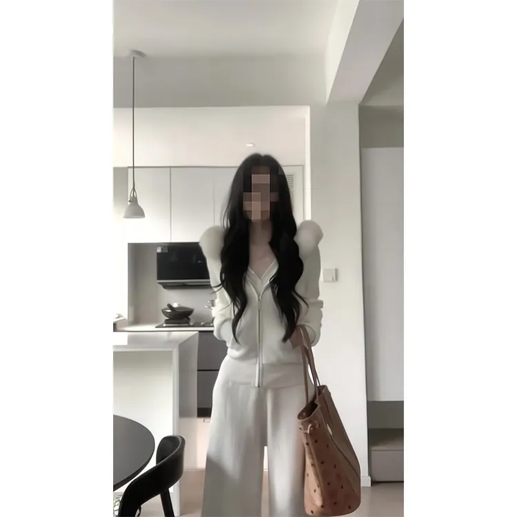 纯欲风毛毛领气质毛领拼接连帽针织衫外套秋季时尚显瘦休闲裤长裤