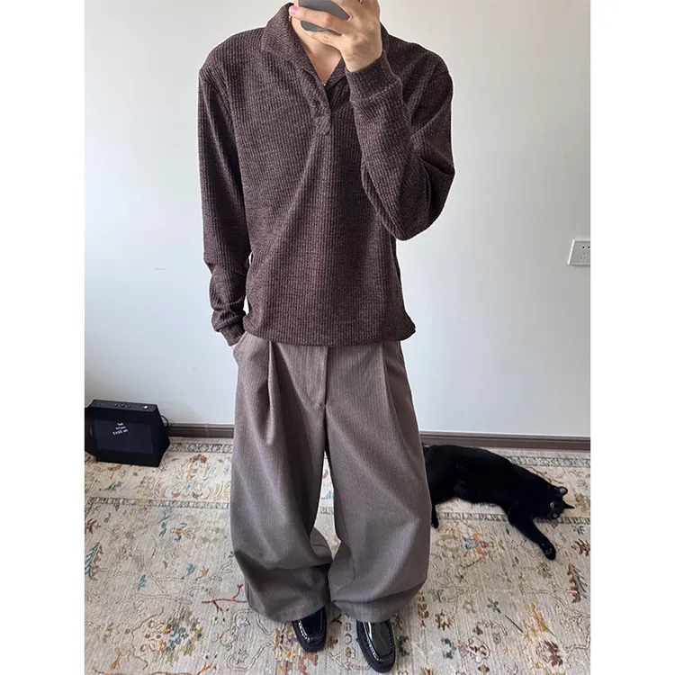 老钱风男装棕咖色针织POLO衫男早秋穿搭意式一片领长袖打底衫上衣