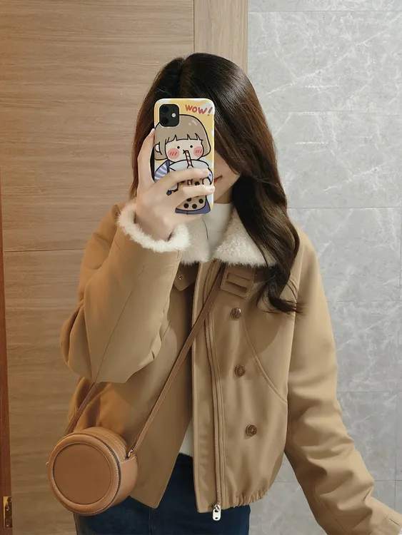 2025新款爆款小香风短款棕色小个子加绒加厚羊羔毛夹克外套女冬季