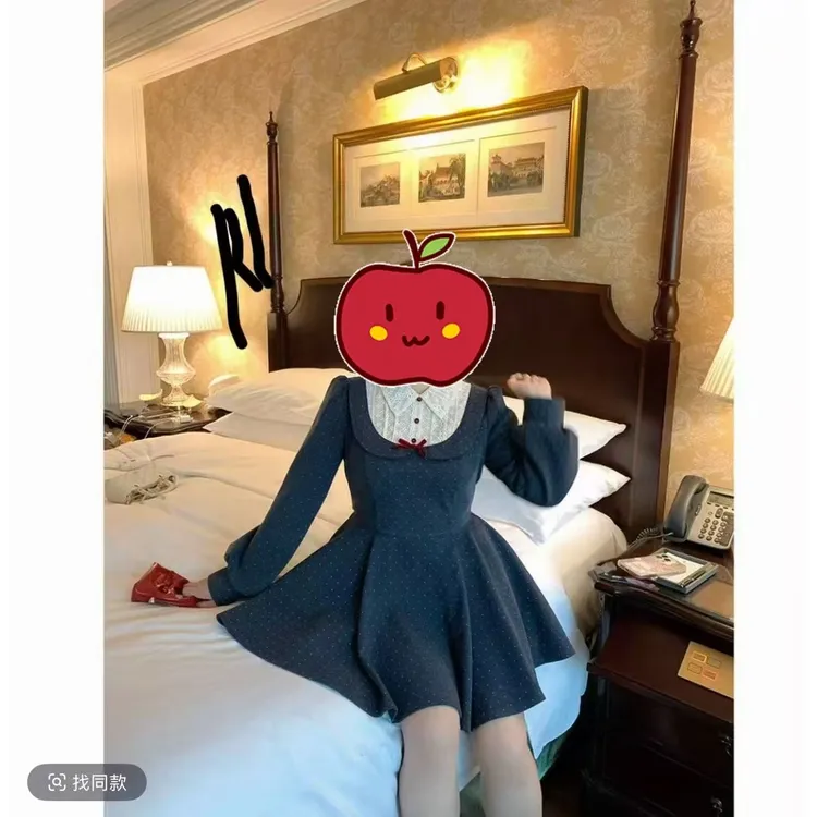 依二一 假两件波点印花绑带呢子连衣裙女微胖大码收腰千金风裙