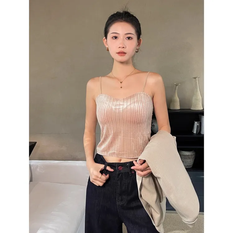 卡其色丝绒吊带背心女内搭早秋季2025新款无袖短款带胸垫打底上衣