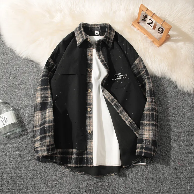 秋冬加绒毛呢格子外套男保暖假两件高级感潮流宽松痞帅夹克上衣服