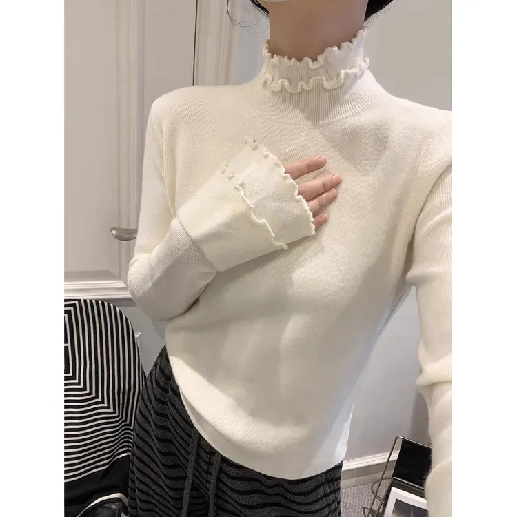 秋冬木耳边半高领内搭洋气百搭毛衣女设计感长袖减龄打底针织上衣