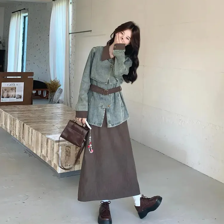 复古做旧灯芯绒拼接牛仔套装2025春秋新款氛围感美拉德气质两件套