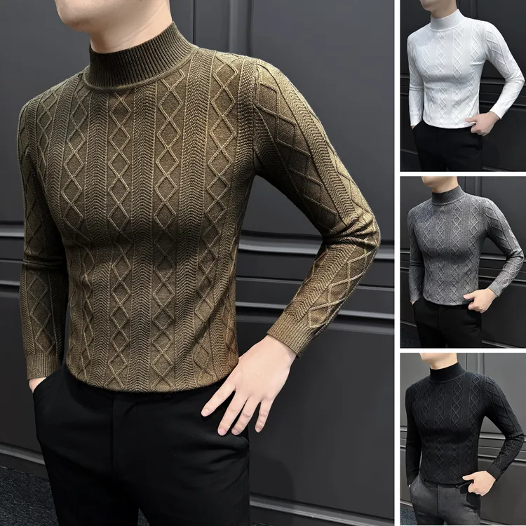 菱形格半高领针织毛衣男款秋冬季弹力长袖T恤保暖内搭男士打底衫