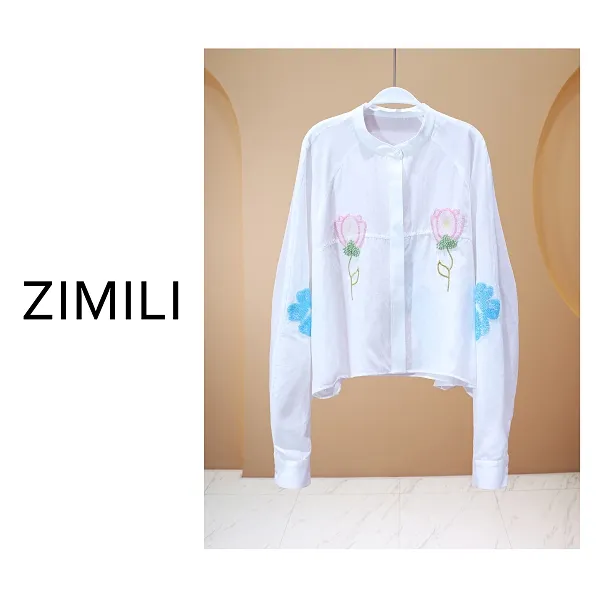 【亮哥女装】2025欧版衬衫《月白》白色刺绣串珠印花纱衬衫8013