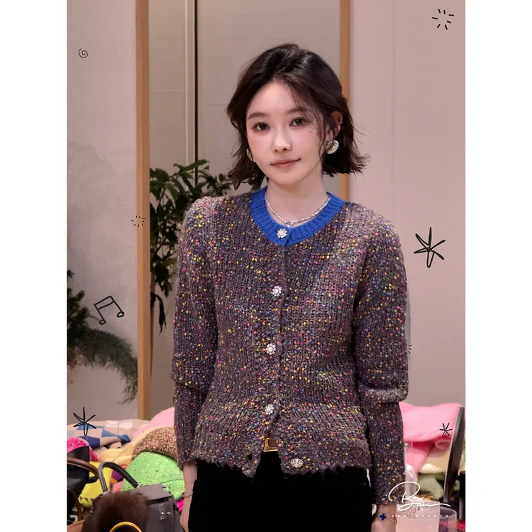 TXB “缤纷彩点”定制粗针撞色圆领舒适多色点点纱针织开衫XB-8027