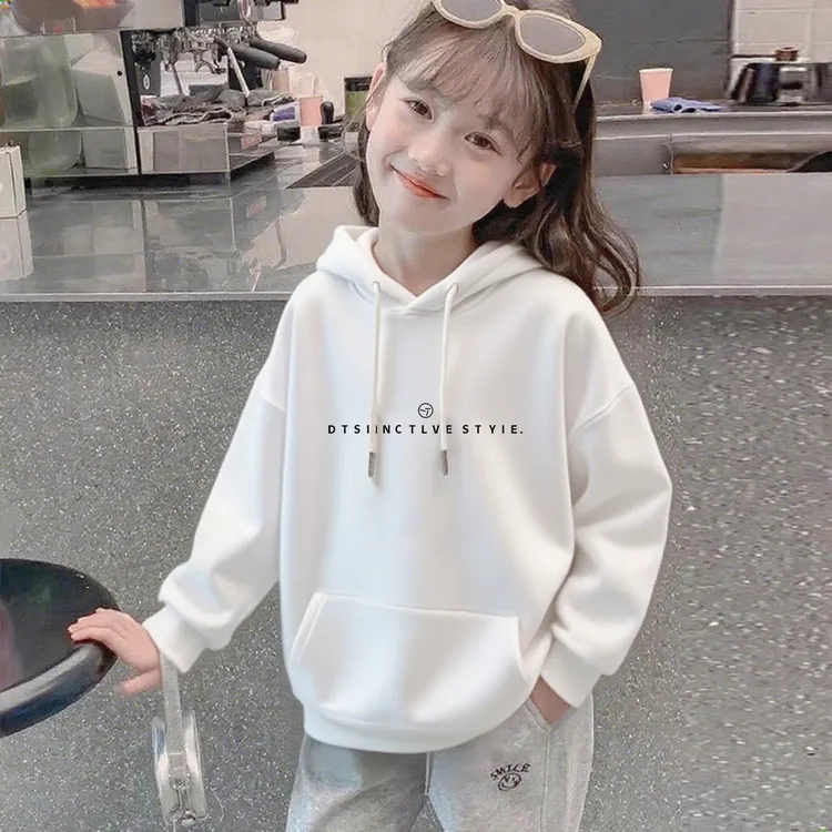 女童卫衣春秋加绒2025新款儿童纯棉百搭洋气衣服中大童连帽上衣潮