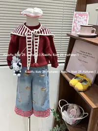 韩系女童2025深秋红色披肩洋气毛衣女宝可爱立体小狗刺绣牛仔裤