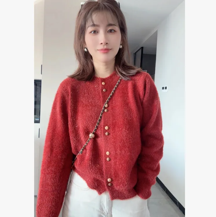 不起球2025韩版时尚百搭显瘦亮丝纯色针织开衫设保暖时尚加厚外套