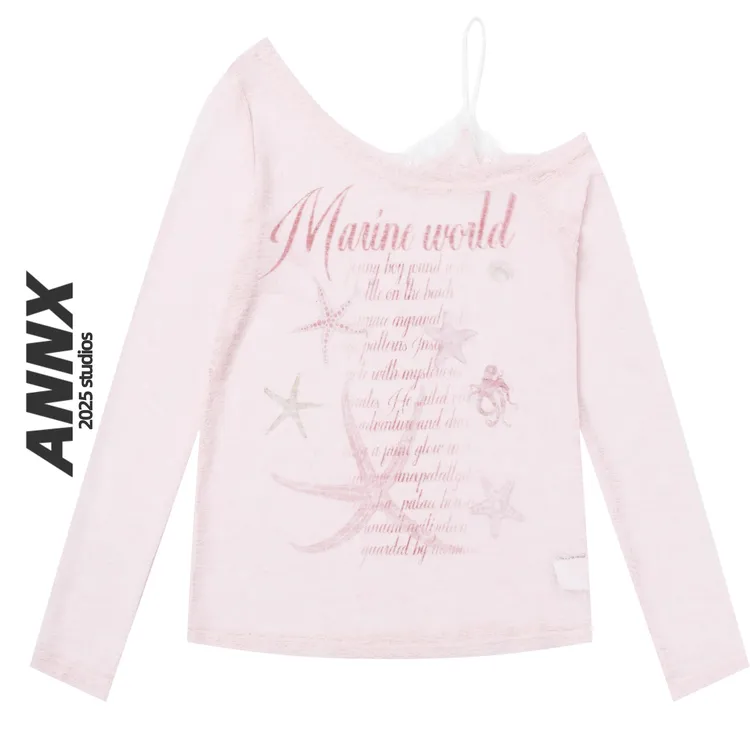 印花美式复古辣妹斜肩秋冬长袖T恤女夏季新款修身显瘦露肩上衣潮