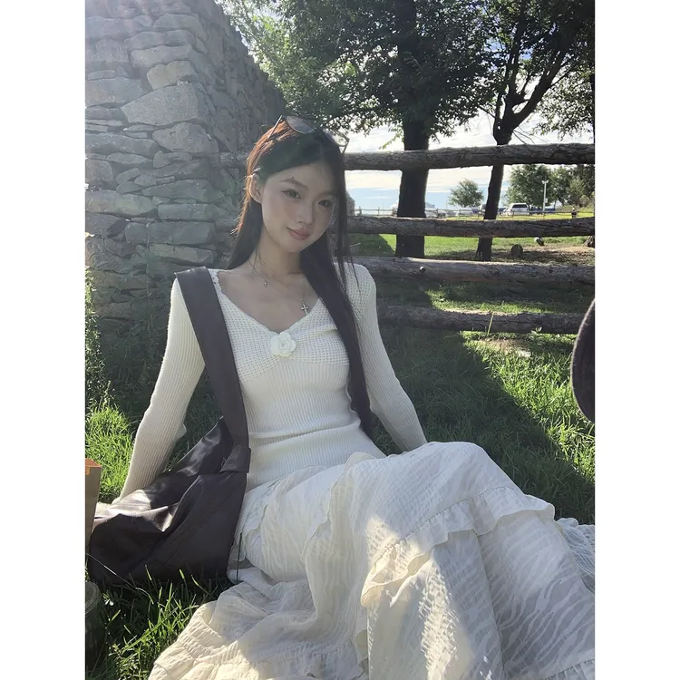 【风铃毛衣】纯色长袖法式毛针织衫白色套头款秋季毛衣A376   #