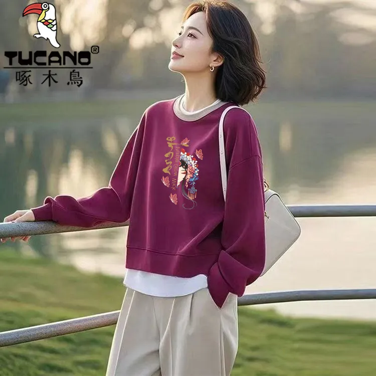 啄木鸟纯棉假两件时尚外套爆款套头宽松卫衣女款秋冬洋气百搭上衣