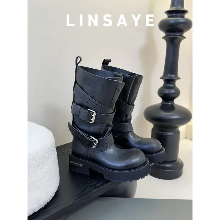 小牛皮版~大头马丁靴女皮带暗黑工装靴子机车靴毒液高筒骑士靴