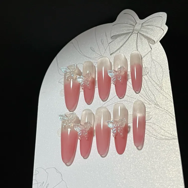 纯手工双重渐变蝴蝶美甲穿戴甲纯欲风温柔显白长款