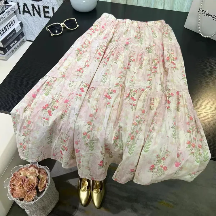 松紧腰碎花半身裙法式碎花茶歇气质小清新拼接大摆裙中长款伞裙子