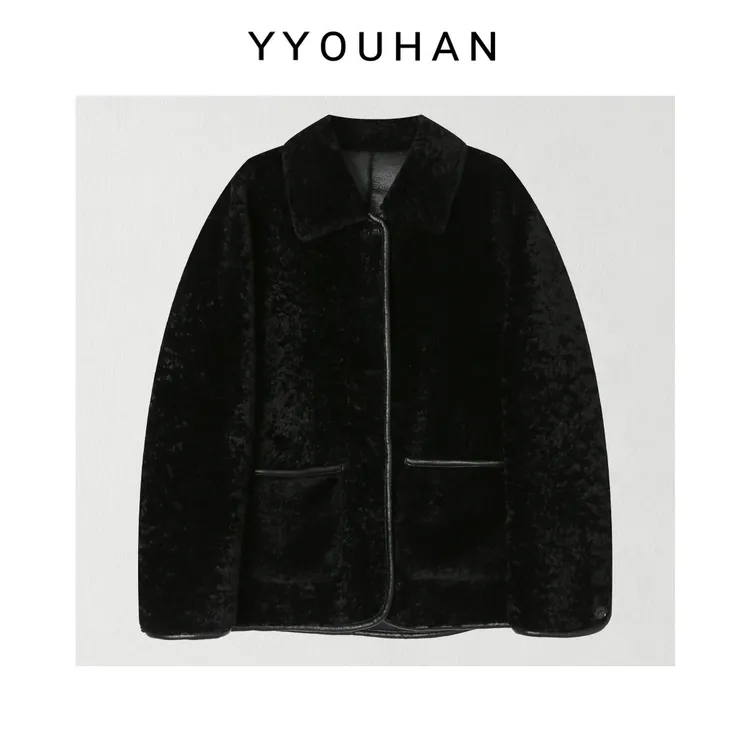 月月 小众设计极简风年货定制翻领显瘦百搭毛外套 2512C9181