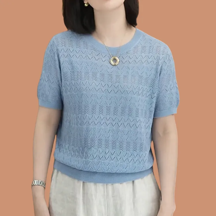 梵玛直播间同款2025新款镂空设计女士夏季短袖针织衫 F208-5019